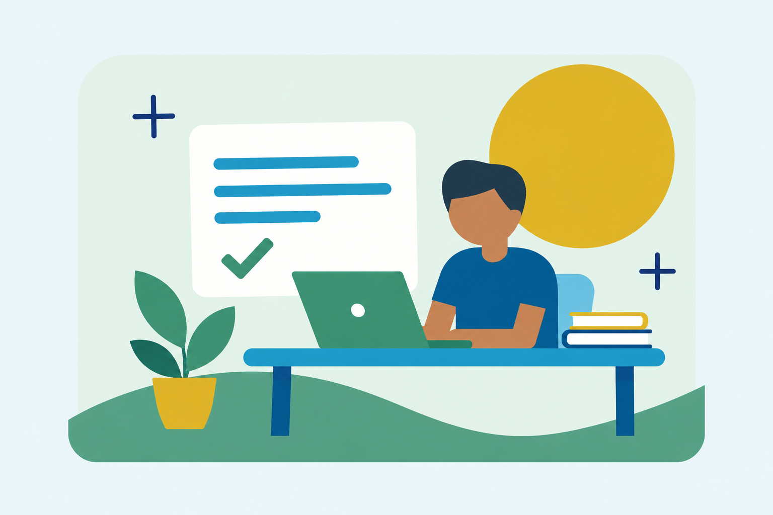 Estudante com livros e computador.